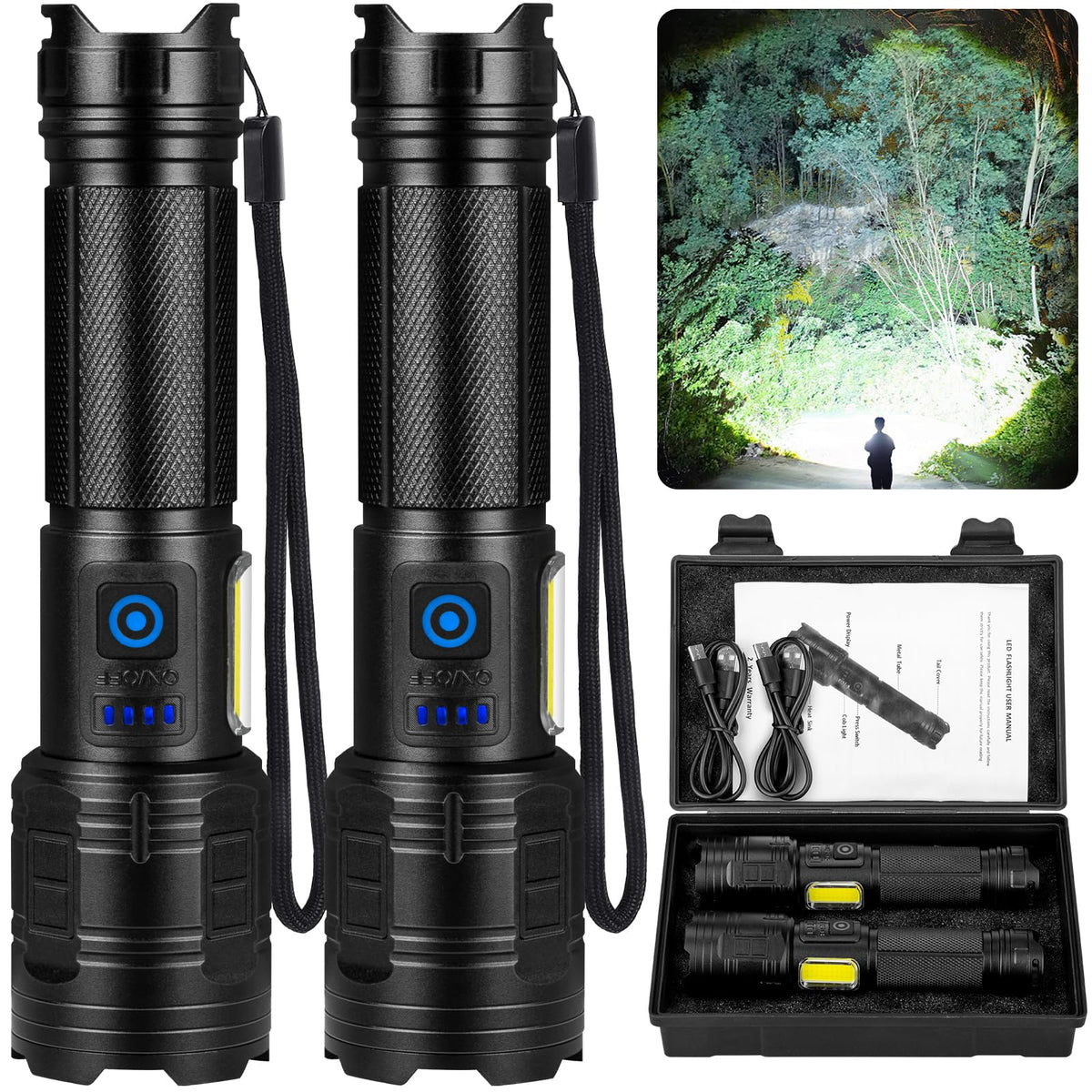 MILAOSHU rechargeable flashlights 2-pack for reliable outdoor illumination.