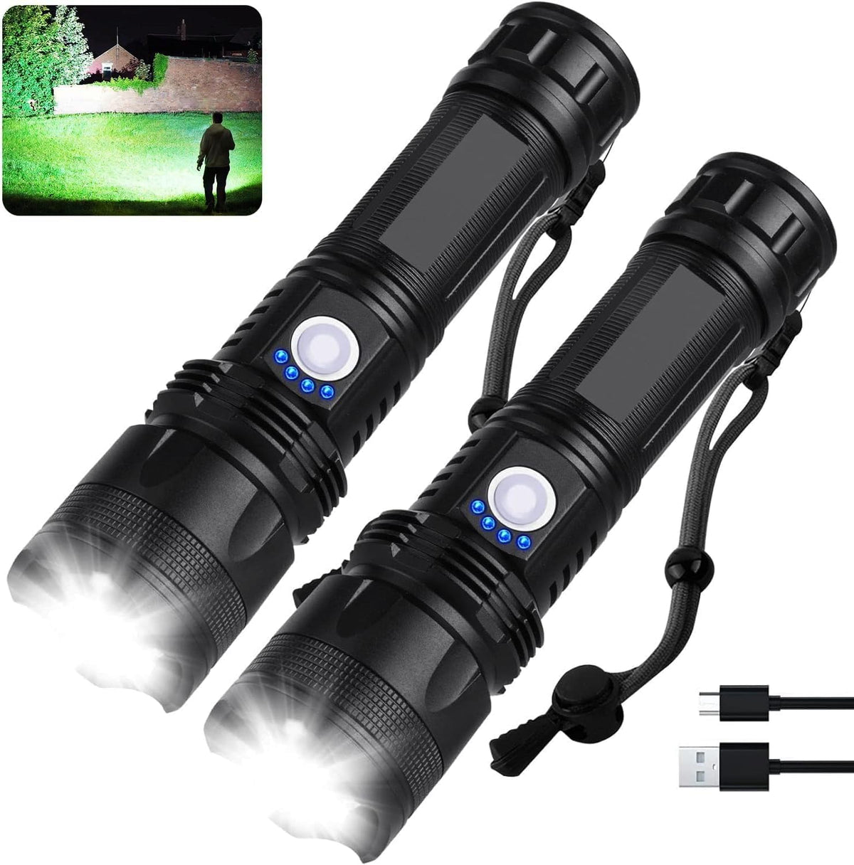 MILAOSHU rechargeable flashlight delivers a 90,000-lumen beam for wide-area illumination