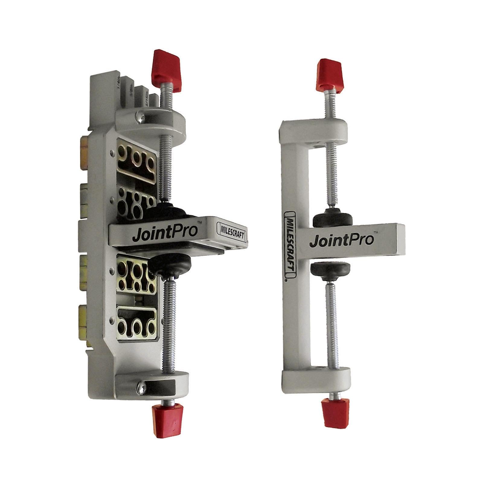 Milescraft 1311 Joint Pro jig clamps two boards for precise dowel alignment.