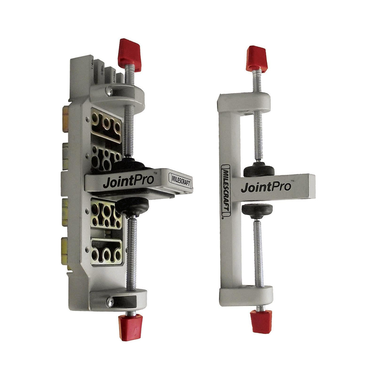 Milescraft 1311 Joint Pro jig clamps two boards for precise dowel alignment.
