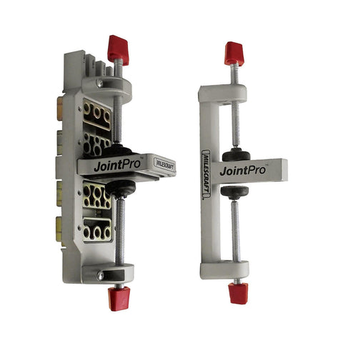 Milescraft 1311 Joint Pro jig clamps two boards for precise dowel alignment.
