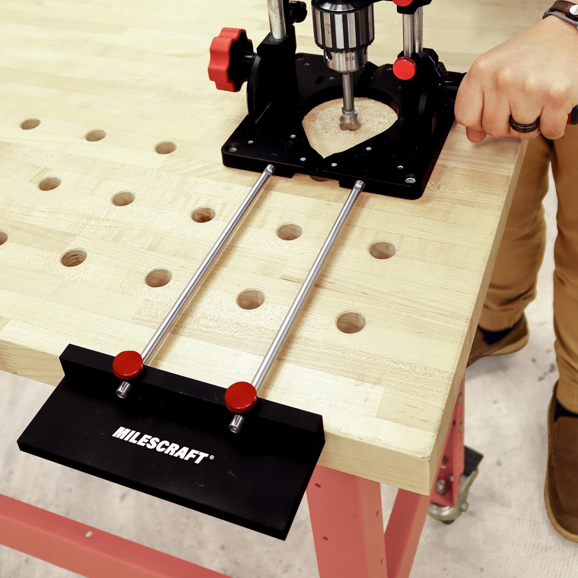 Milescraft 1349 DrillFence in action maintains straight hole alignment.
