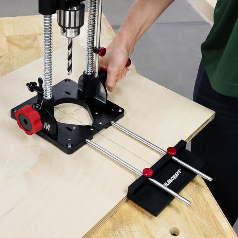 Milescraft DrillFence extension rod setup extending reach on wide boards.