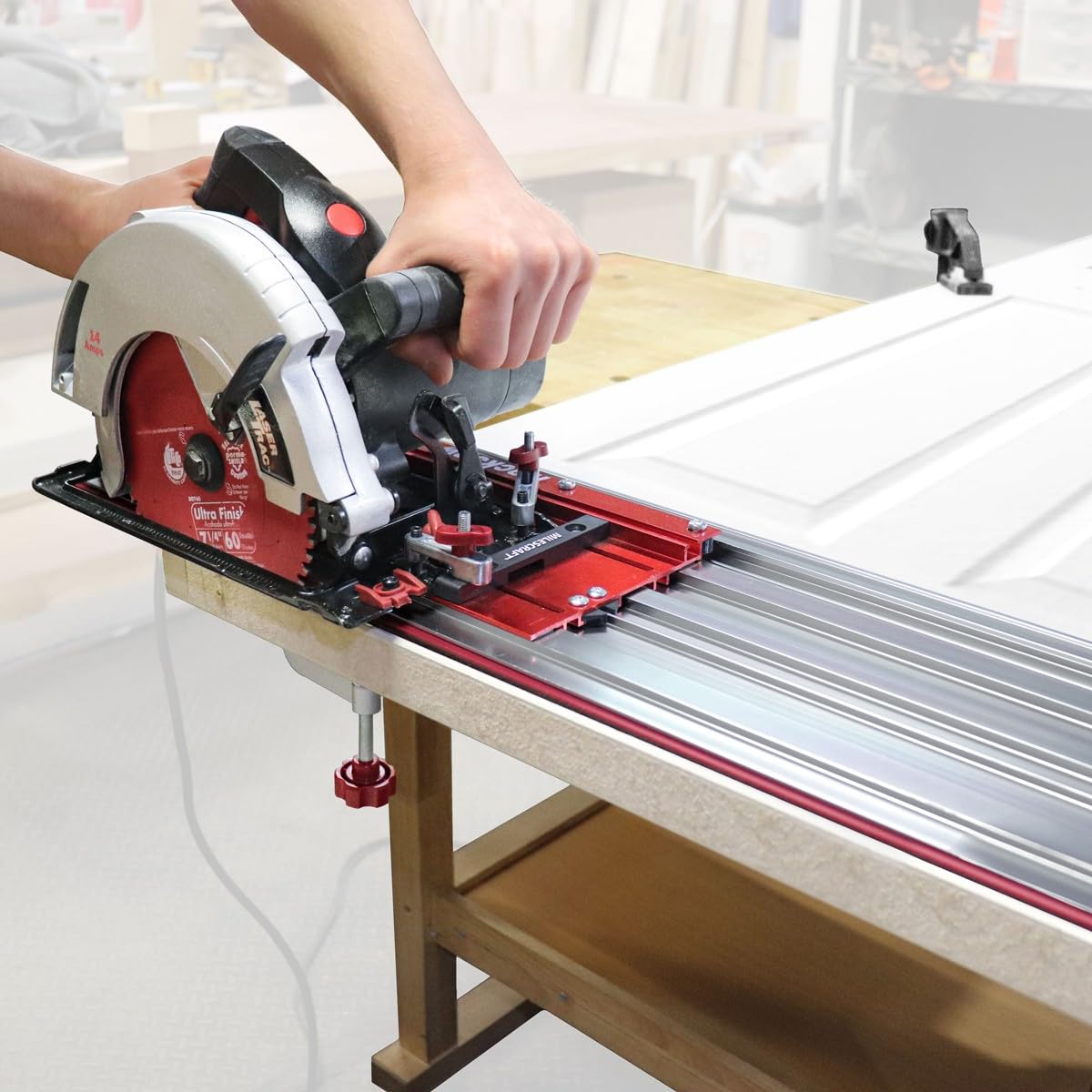 Milescraft TrackSawGuide 50-inch range supports long sheet cuts with extensions.