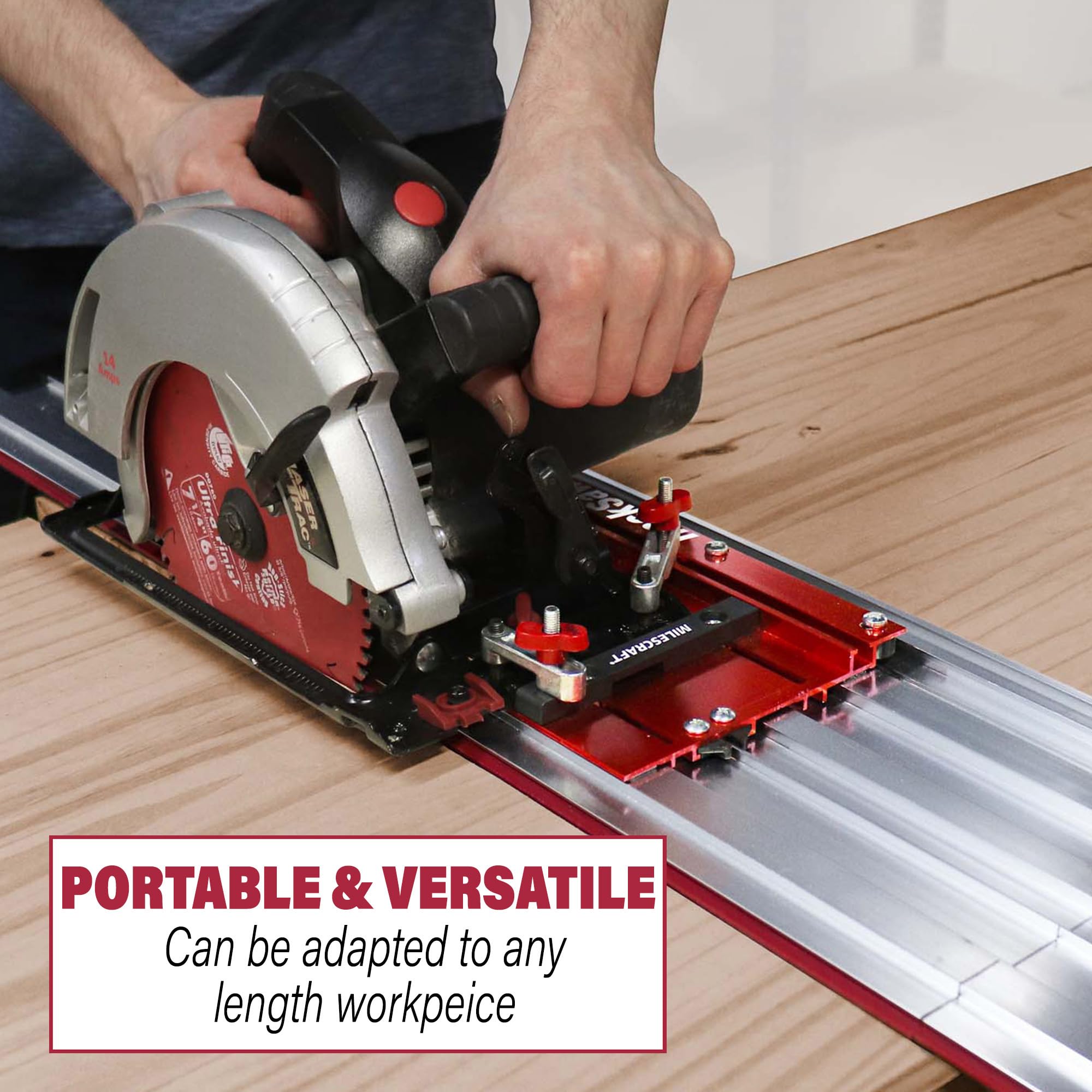 Milescraft TrackSawGuide T-Track clamps lock rails for secure cuts.