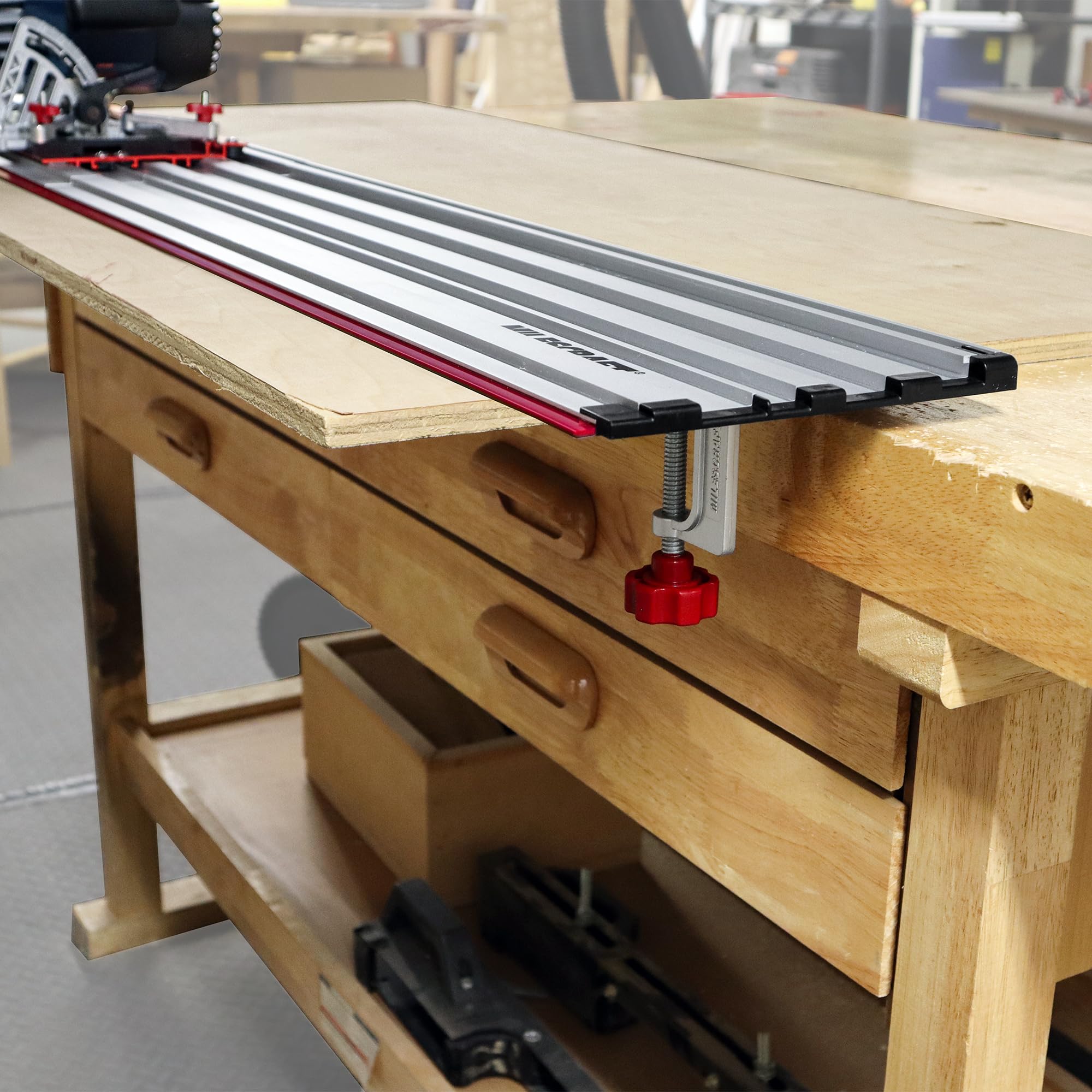 Milescraft GuideRail extensions extend length for full-sheet ripping.