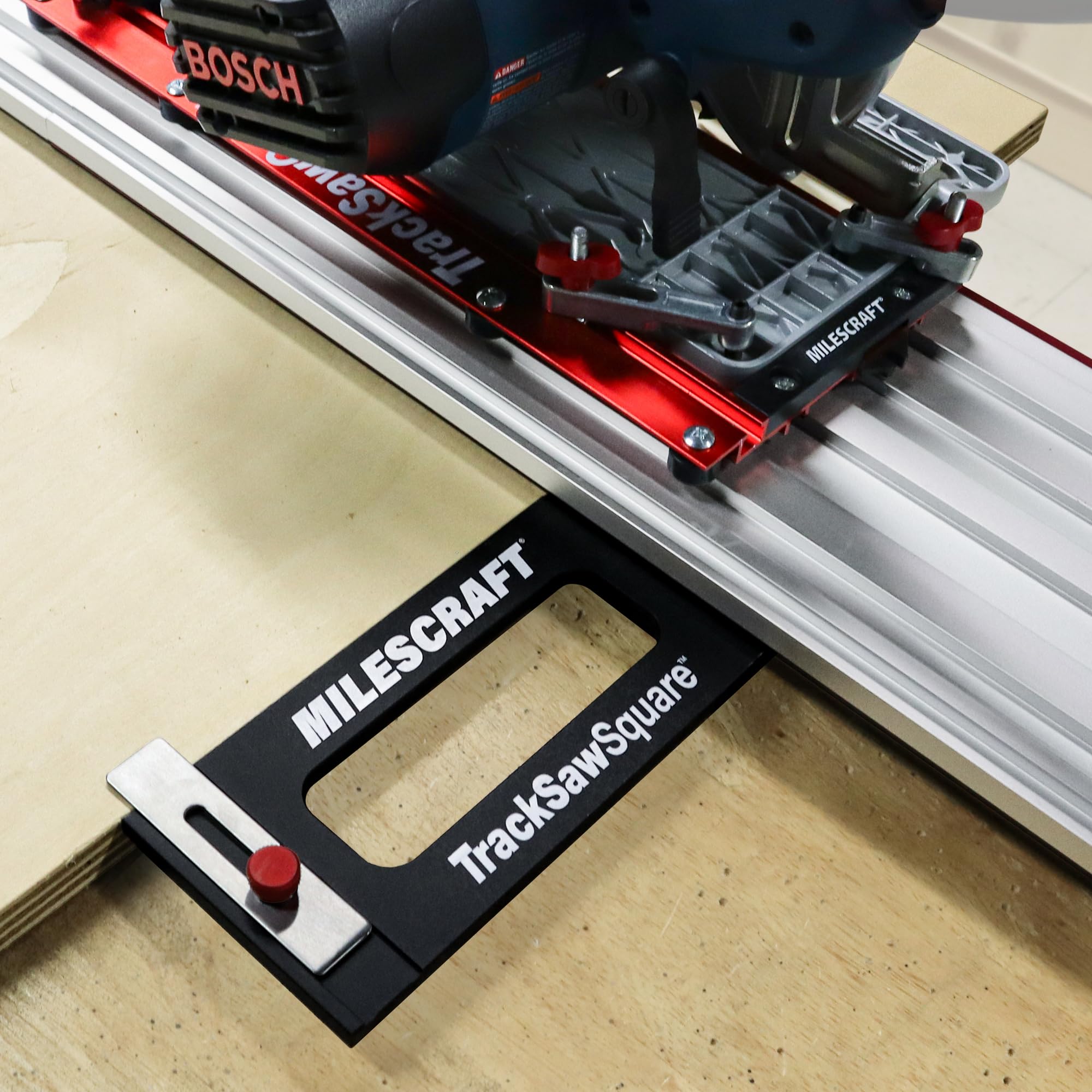 Milescraft TrackSawSquare auto-centering aligns the square quickly