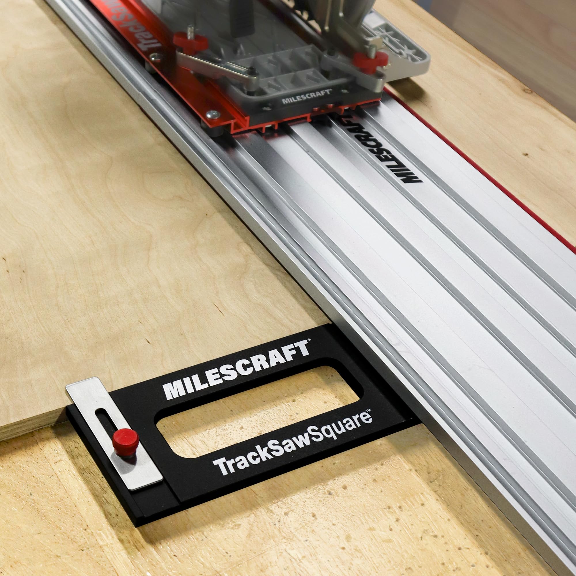 Milescraft TrackSawSquare stabilizer-bar prevents tipping during rip cuts