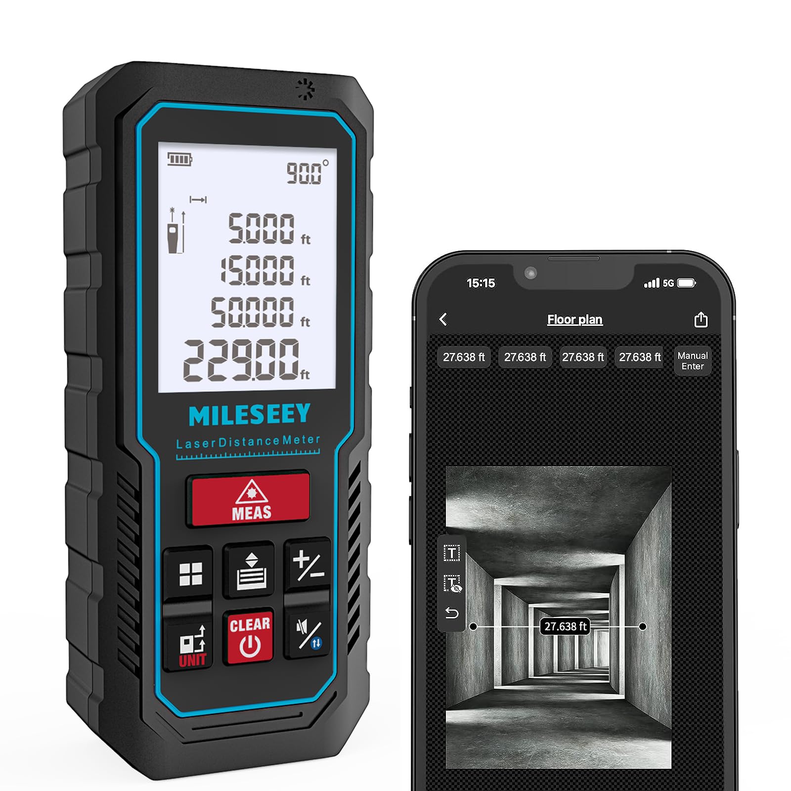 MiLESEEY laser measure with digital angle level for precise distance and angle readings.