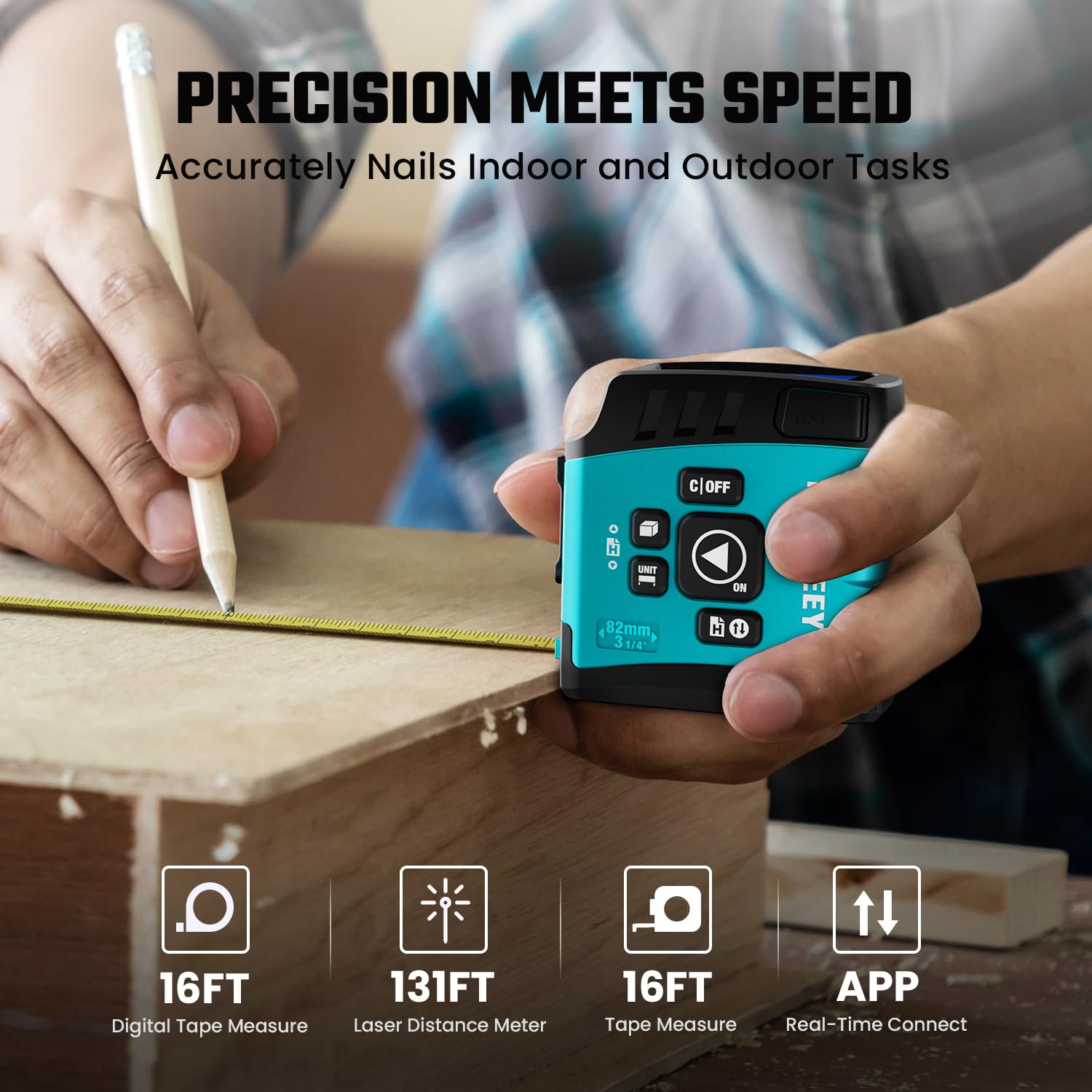 MiLESEEY DT20 digital tape close-up; blade with metric and imperial units.