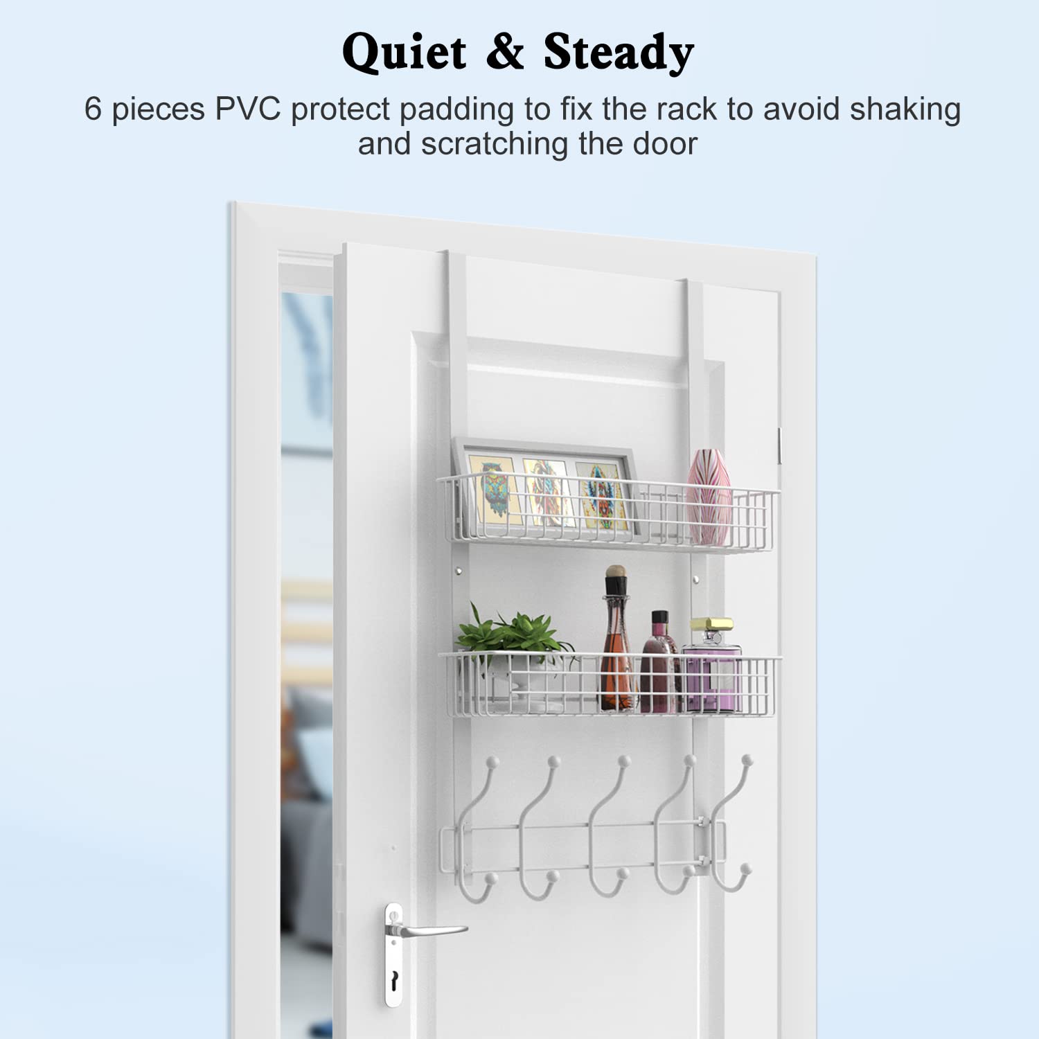 MILIJIA detachable storage shelf adds towel and accessory space.