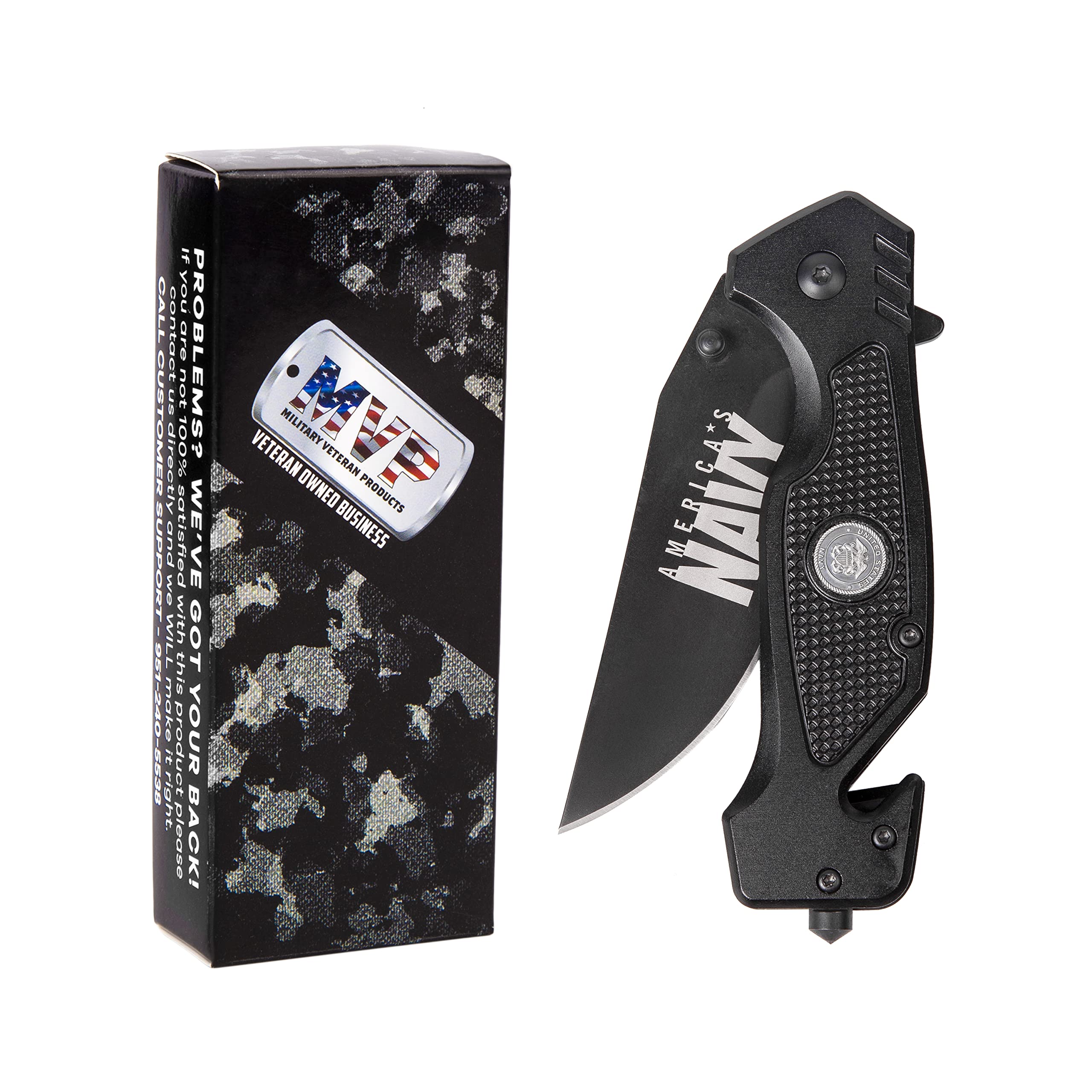 Military Gift Shop Navy Folding Elite Knife back displays Honor, Courage, Commitment with anchor symbol.
