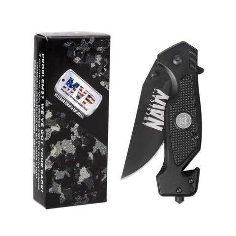 Military Gift Shop Navy Folding Elite Knife back displays Honor, Courage, Commitment with anchor symbol.