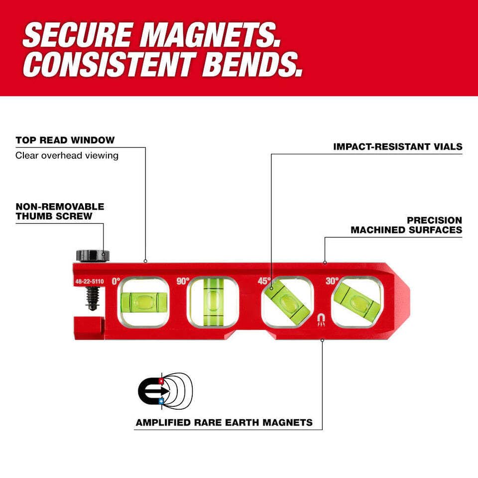 Milmaukee Torpedo Level V-groove edge aligns with pipes.