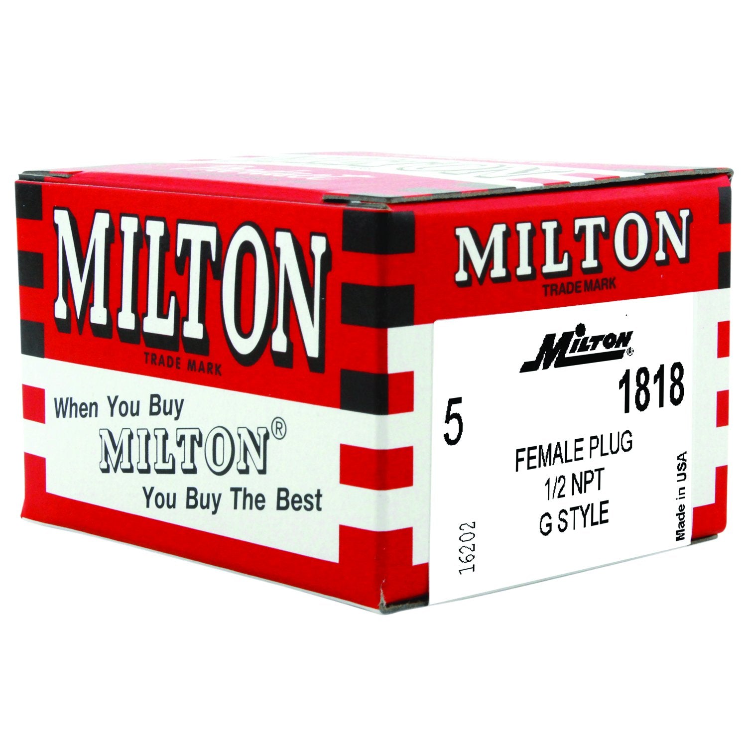 Milton 1818 FNPT G-Style plug side view showing 1/2 inch threading