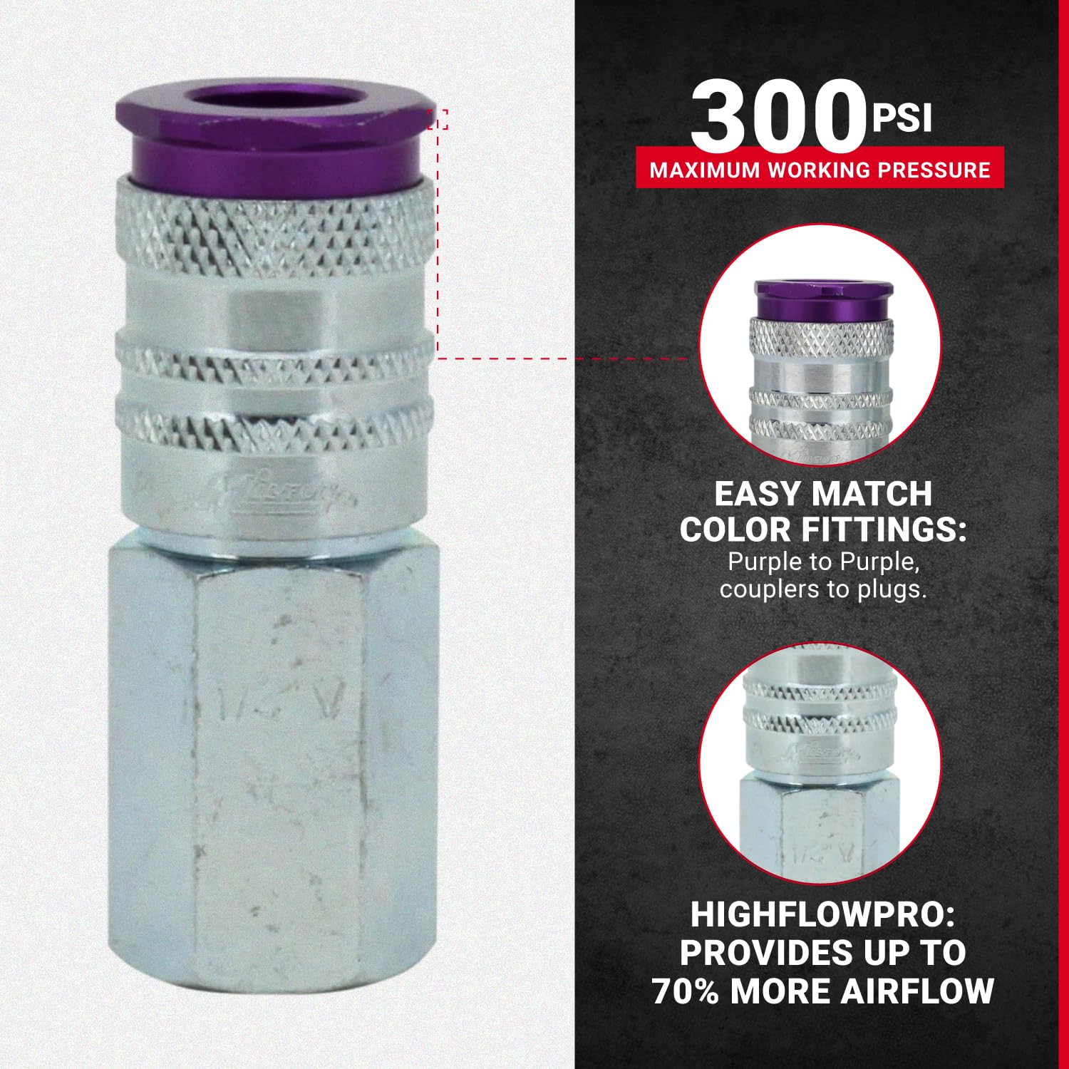Milton ColorFit HighFlowPRO v-style plugs in purple ensure quick mate connections.