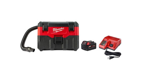 Milwaukee 0880-20P wet/dry vacuum with organized hose storage for quick cleanup.
