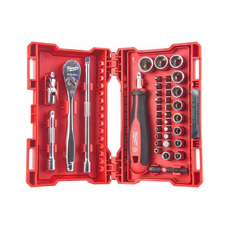 Milwaukee 1/4-inch ratchet set with sockets and bits for versatile repairs