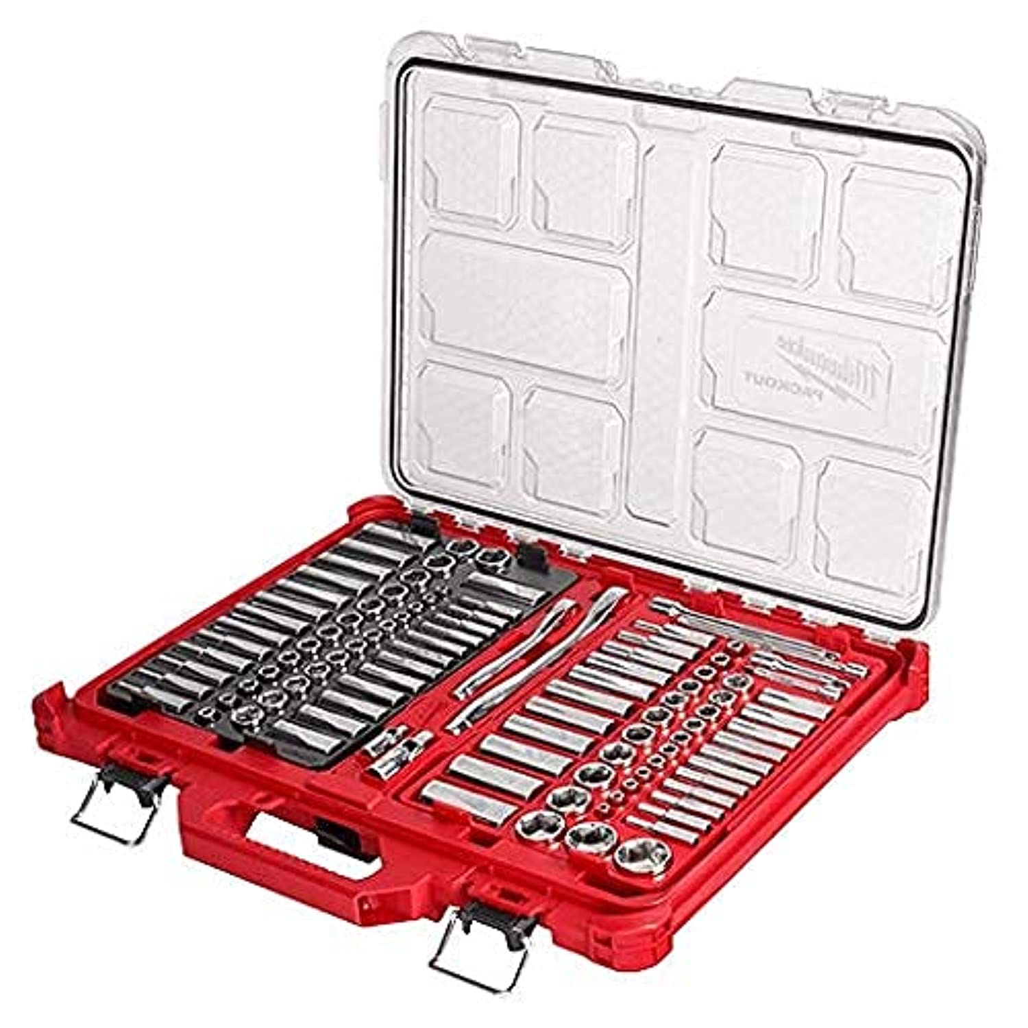 Milwaukee 106pc packout case showing organized ratchet and sockets for quick access.