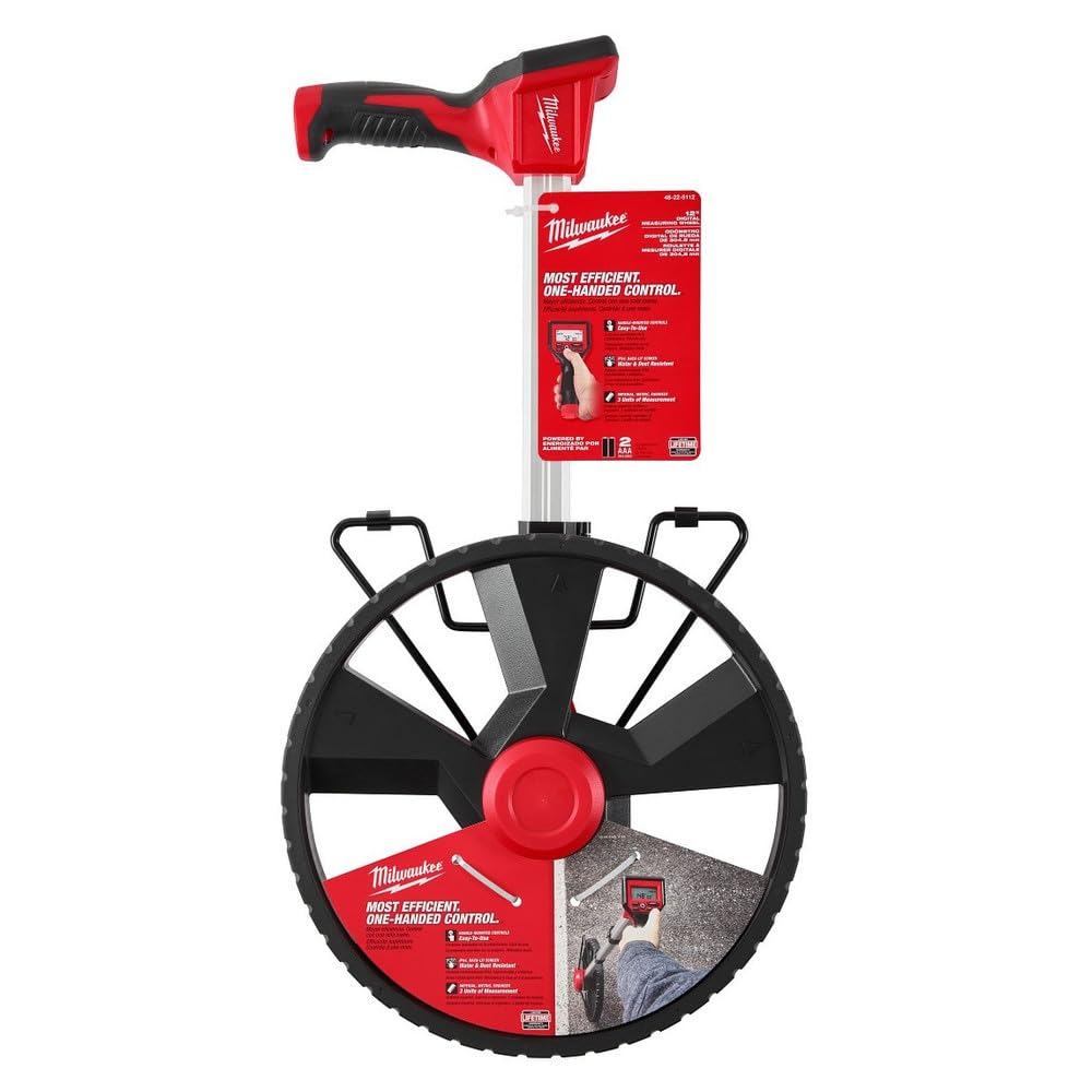 Milwaukee 12in digital measuring wheel display enables quick, accurate distance tracking on job sites.