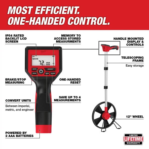 Milwaukee 12in digital measuring wheel ergonomic grip enhances comfort during long measurements.