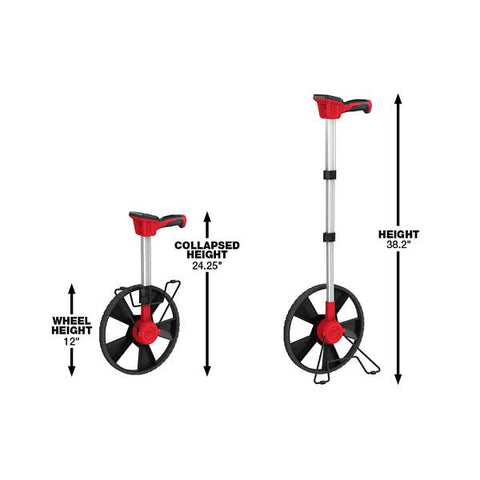 Milwaukee 12in digital measuring wheel large readout improves visibility outdoors.