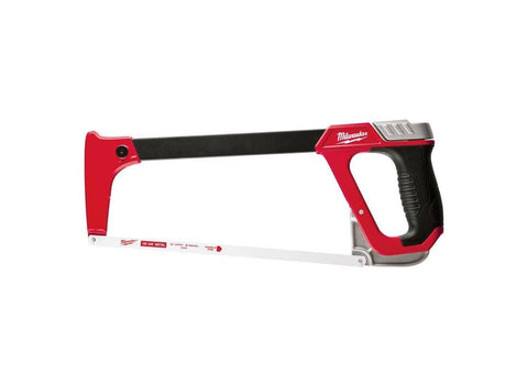 Milwaukee 12-inch high tension hacksaw frame with reinforced metal construction for durable cuts.