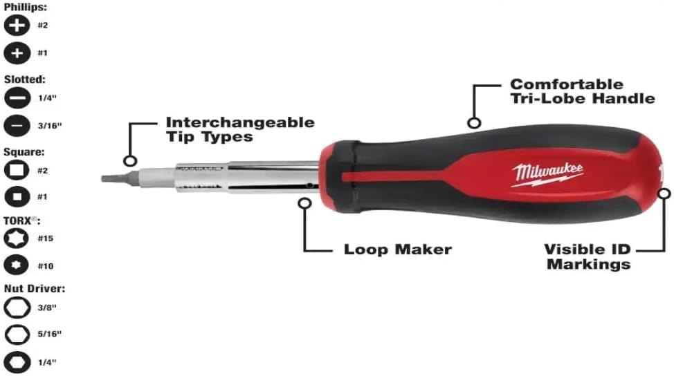 Milwaukee 13-in-1 cushion grip screwdriver with ergonomic handle for comfortable use.