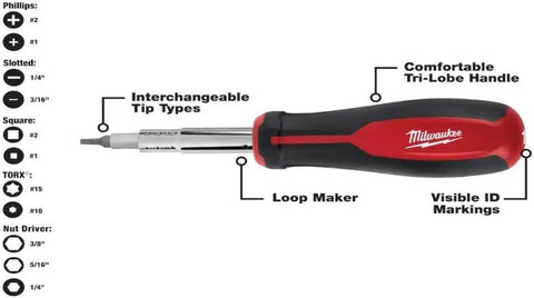 Milwaukee 13-in-1 cushion grip screwdriver with ergonomic handle for comfortable use.