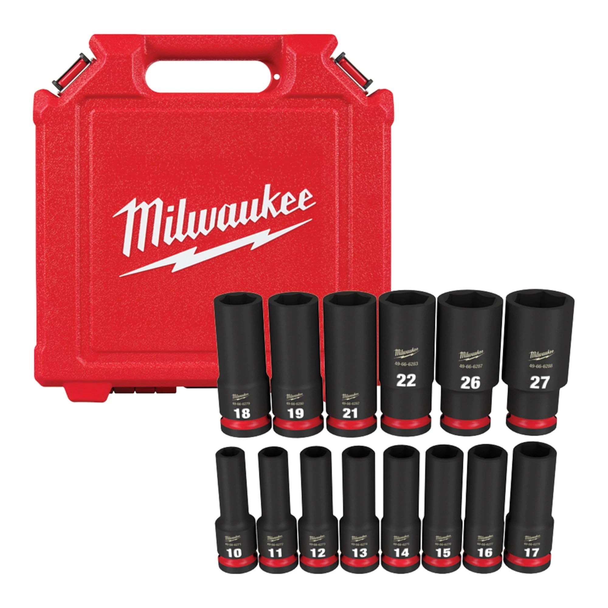 Milwaukee 14pc DP 6PT sockets in case for organized storage and quick access.