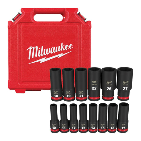Milwaukee 14pc DP 6PT sockets in case for organized storage and quick access.
