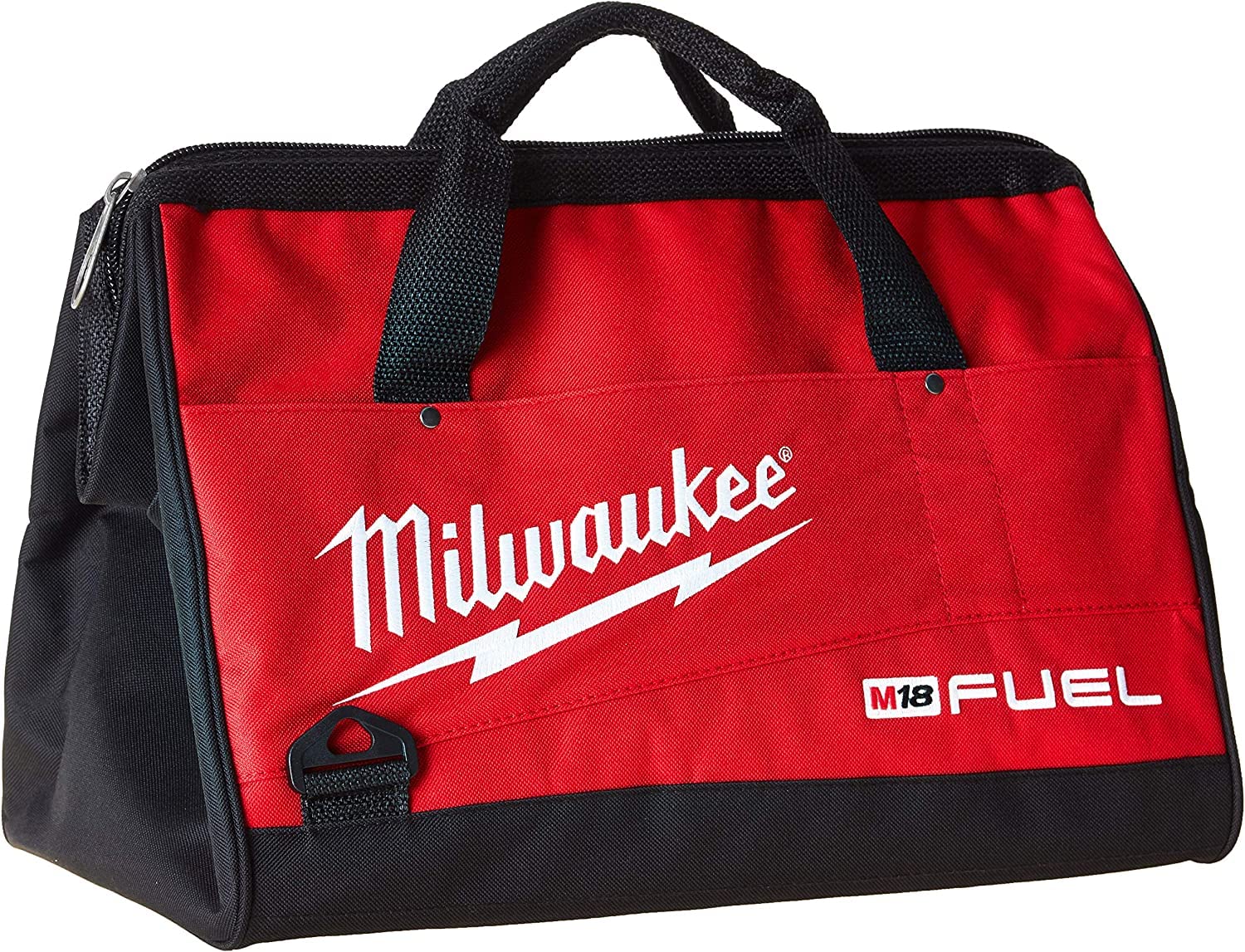 Milwaukee 16-inch bag front view shows rugged canvas and reinforced handles for tool transport.