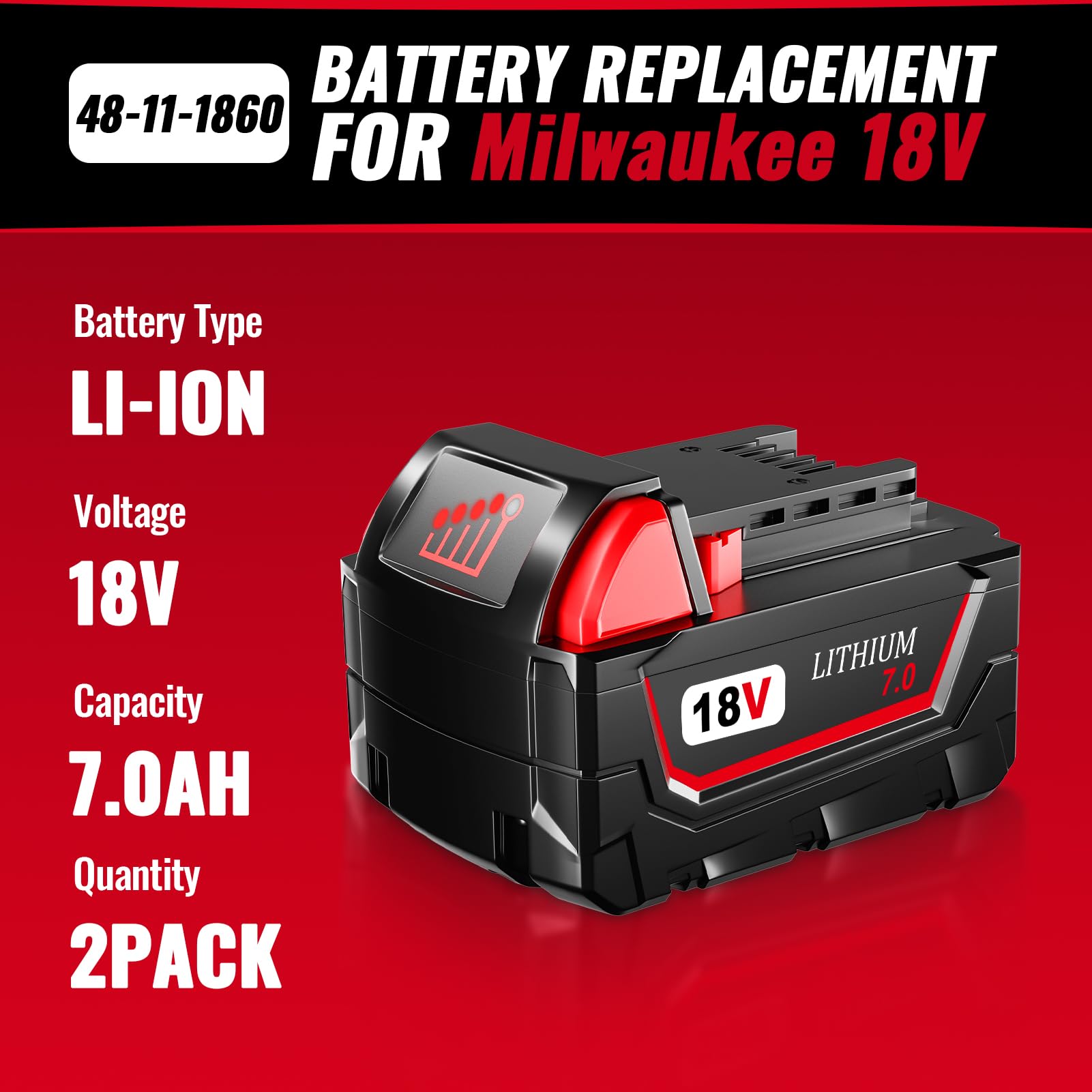 Milwaukee 18V 7.0Ah battery 2-pack red side view emphasizes versatility.