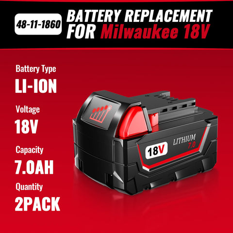 Milwaukee 18V 7.0Ah battery 2-pack red side view emphasizes versatility.