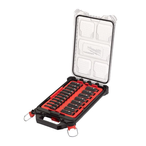Milwaukee 19-piece Shockwave socket set designed for tough tasks with deep sockets.