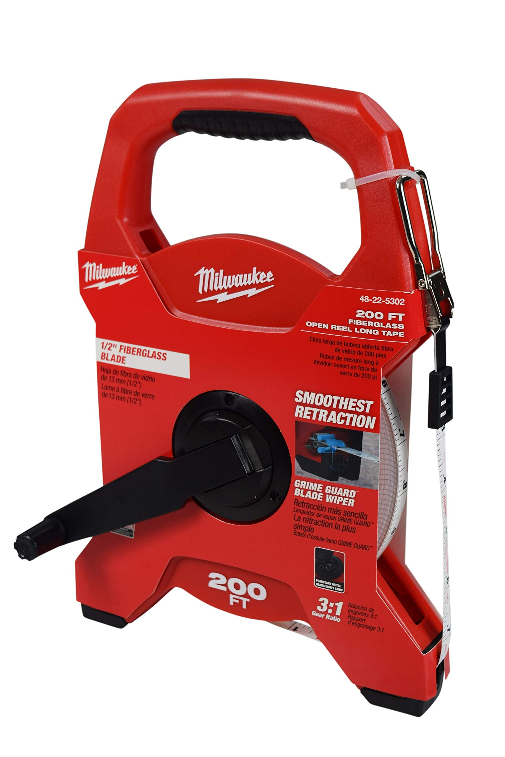 Milwaukee 200ft fiberglass open reel long tape for durable measurements on the jobsite.