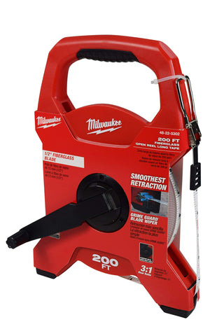 Milwaukee 200ft fiberglass open reel long tape for durable measurements on the jobsite.