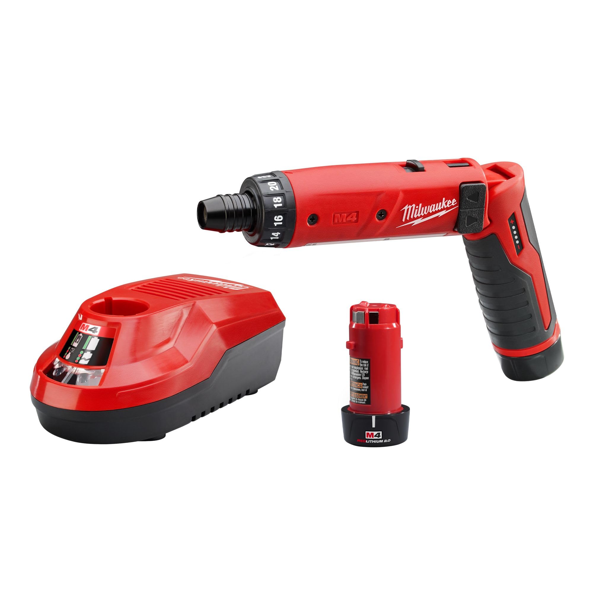 Milwaukee 2101-22 M4 1/4 hex screwdriver kit front view with two batteries for quick tasks