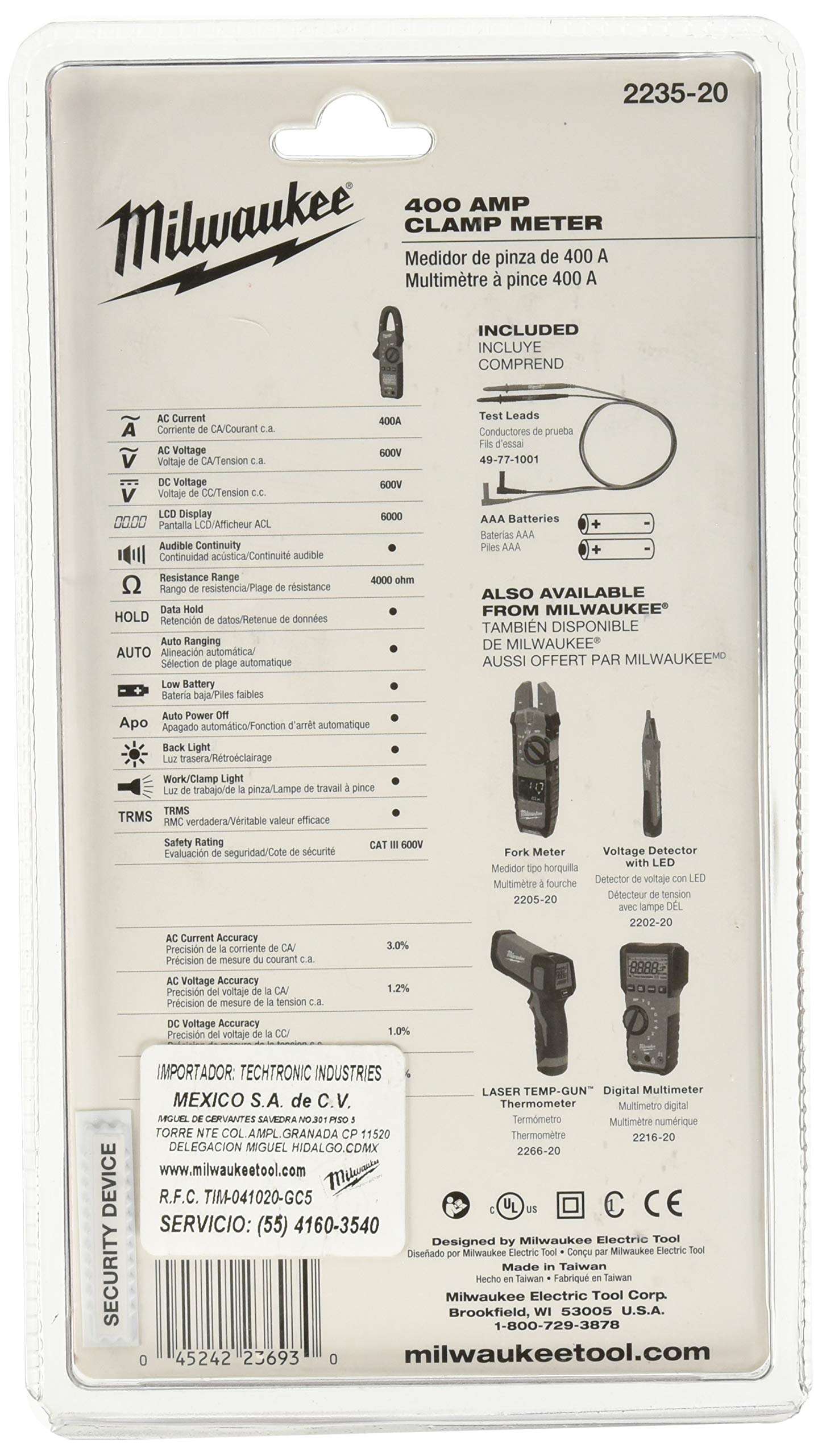 Milwaukee 2235-20 clamp meter rear view showing rugged overmold for durability