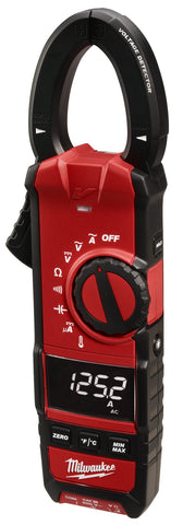 Milwaukee 2236-20 clamp meter featuring LED work light and non-contact voltage detection.