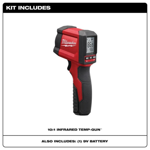 Milwaukee 2267-20 infrared temp-gun in use on wood surface