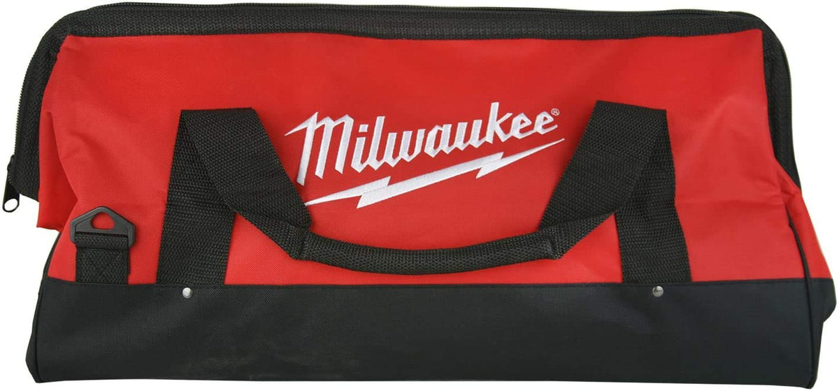 Milwaukee 22-inch heavy-duty canvas drill bag with rugged exterior for on-site tool transport.