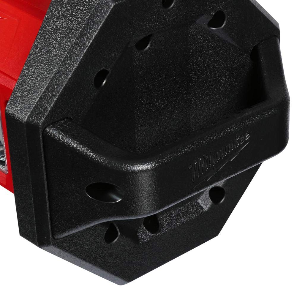 Milwaukee 2361-20 LED flood light multiple hanging attachments enable hands-free use.