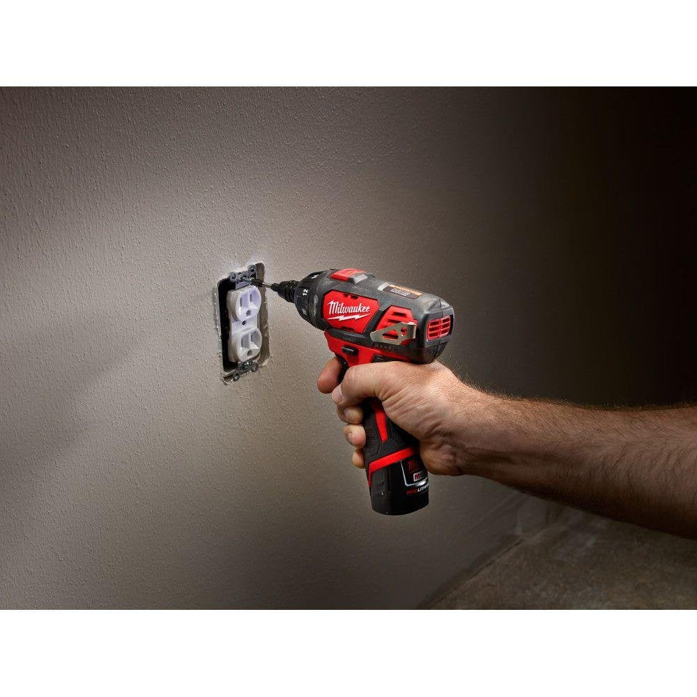 Milwaukee 2401-22 12V battery powering cordless tasks.