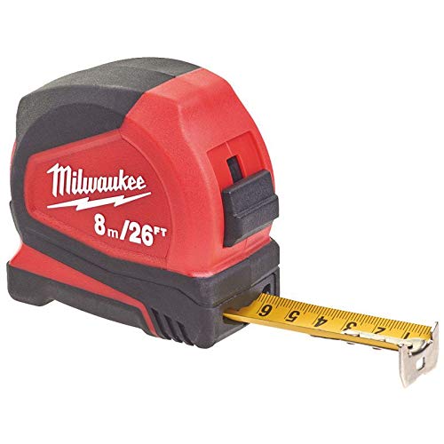 Milwaukee 26ft tape measure red exterior ideal for framing and carpentry tasks.