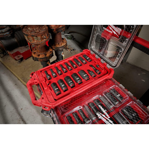Milwaukee 3/8in drive sockets arranged for quick access during projects.