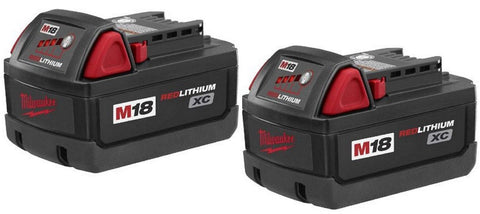 Milwaukee 48-11-1828 M18 battery pack showing long-lasting power and REDLINK protection.