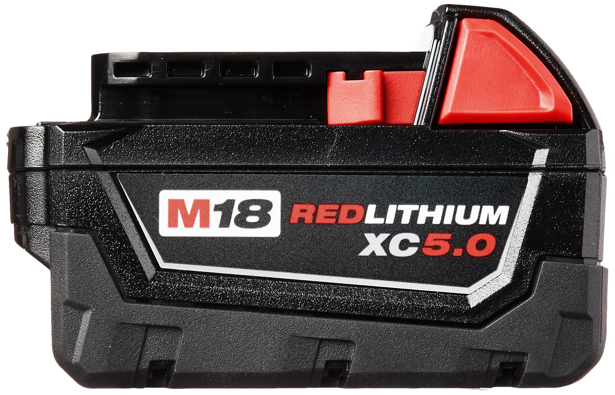 Milwaukee 48-11-1850 Bat Pack showing onboard fuel gauge for runtime awareness.