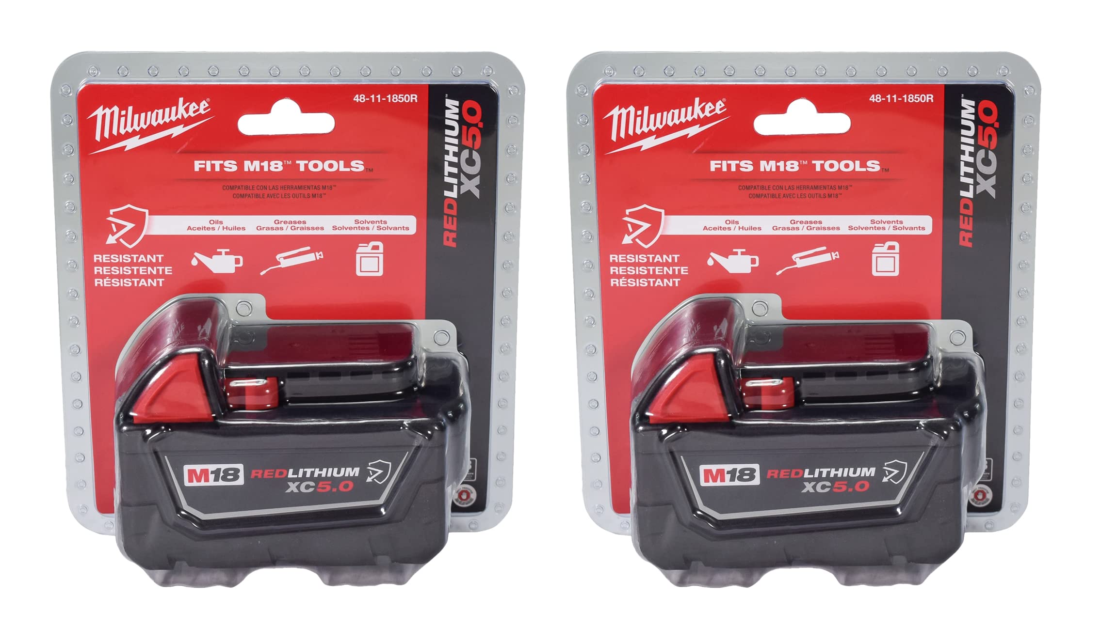 Milwaukee 48-11-1850R battery pack, front view, extended run time for heavy-duty tasks.
