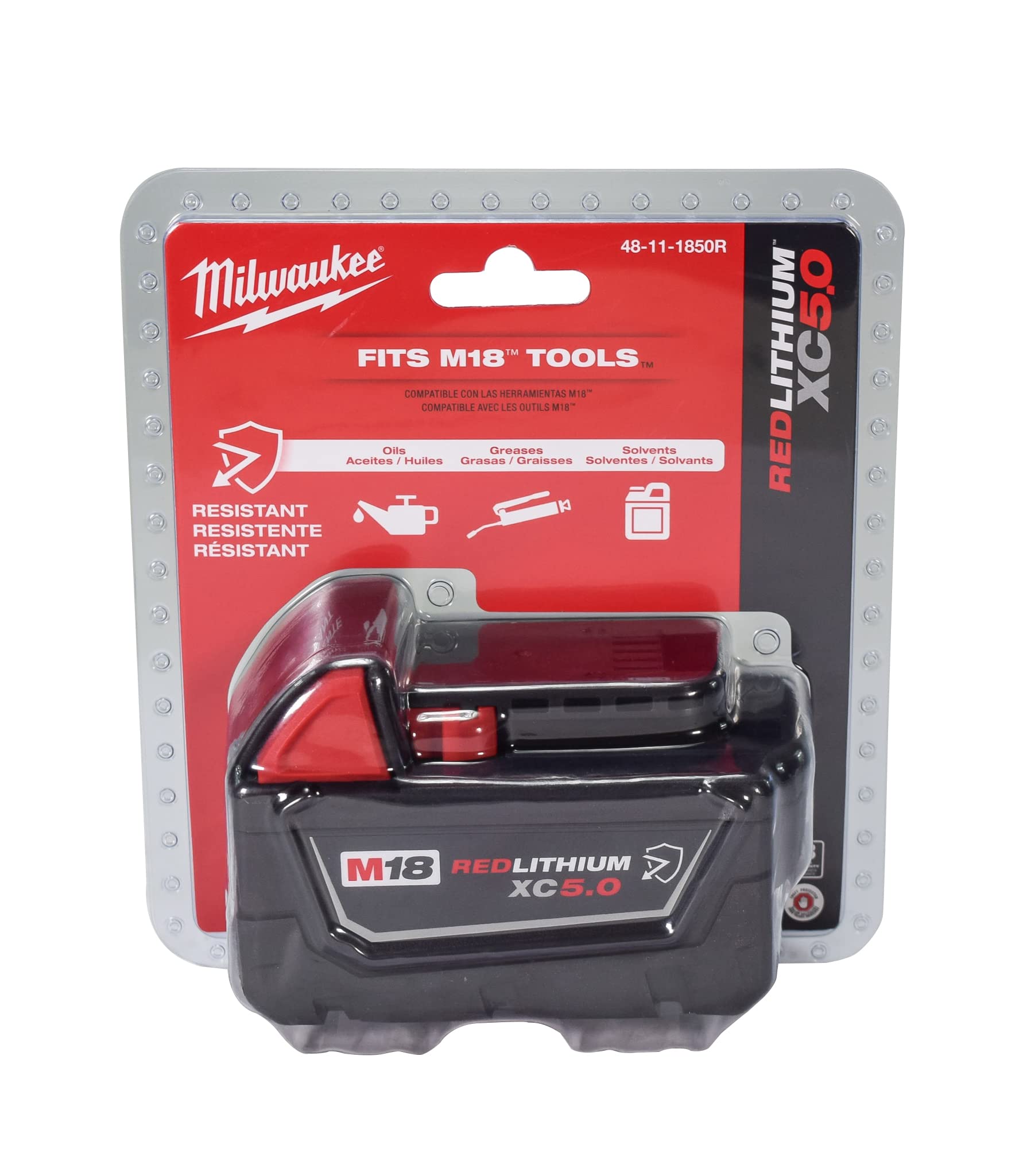 Milwaukee 48-11-1850R battery pack, side view, rugged housing protects in oil-heavy environments.